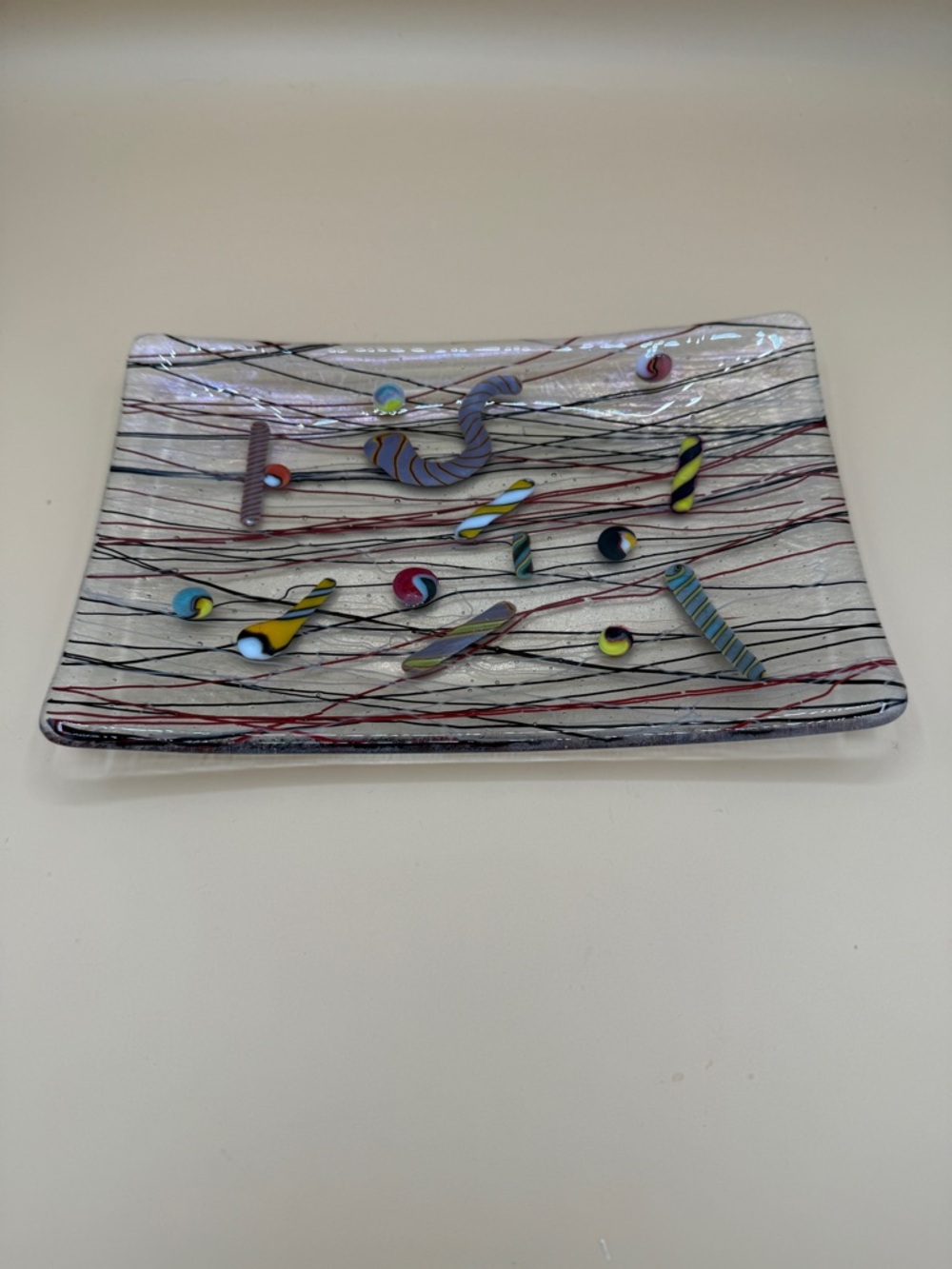 Iridescent Multicolor Confetti Kurt McVay Fused Art Glass Plate 8.5” x 5.5”